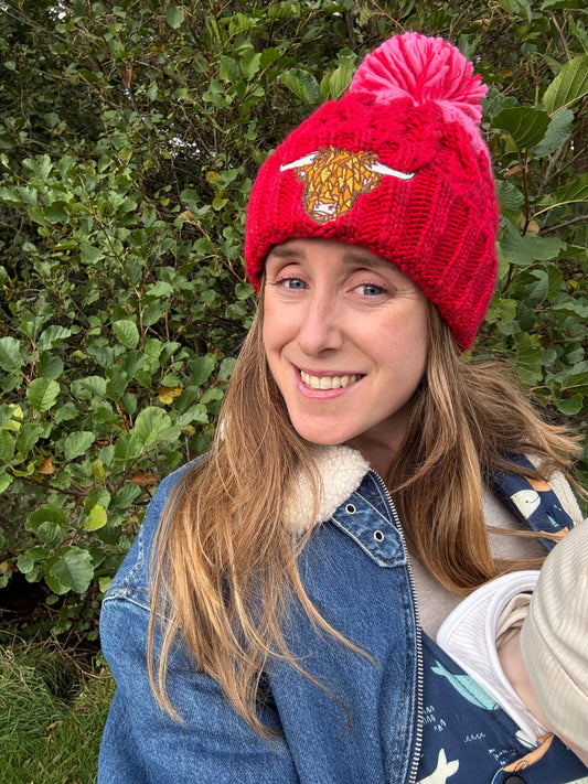 Highland Cow Beanie in Red & Pink
