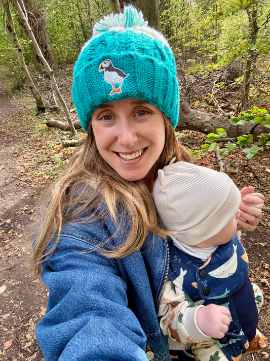 Puffin Beanie in Teal & White