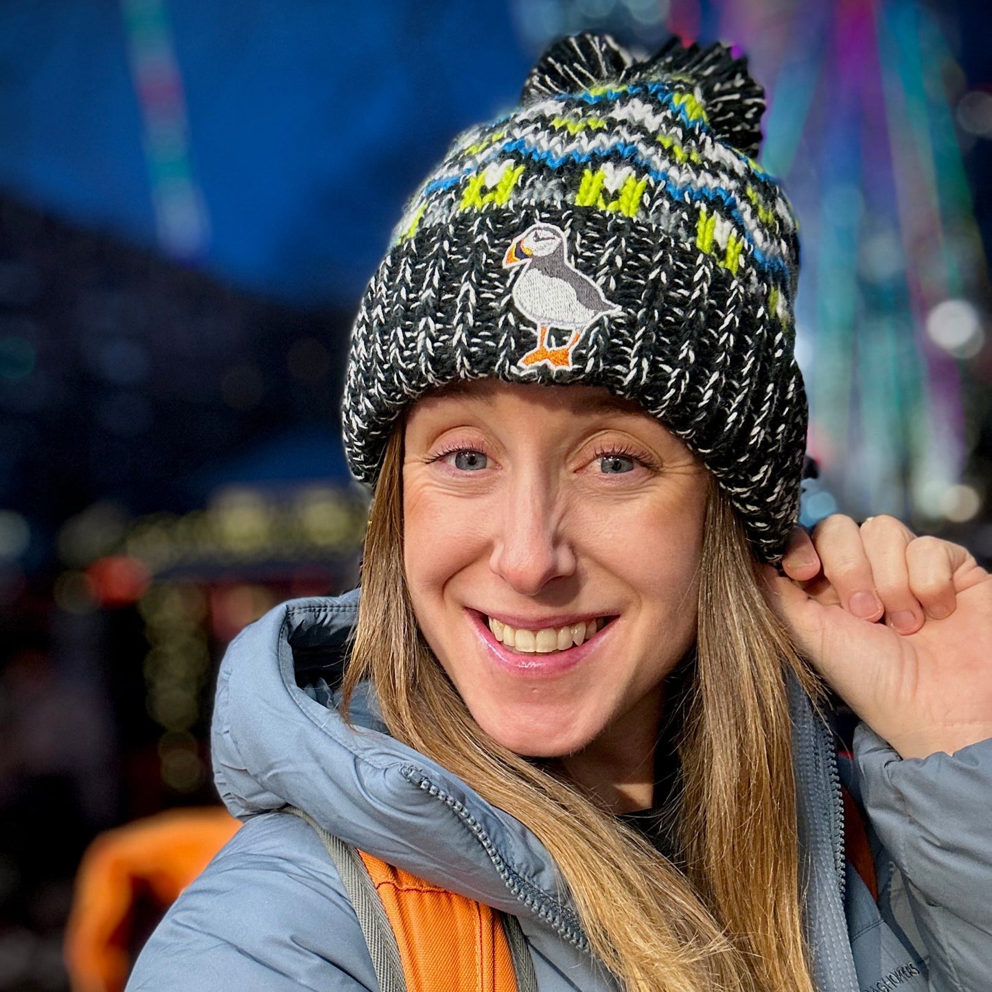 Puffin Beanie in Black with Green, Blue & Grey Pattern