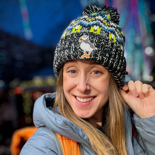 Puffin Beanie in Black with Green, Blue & Grey Pattern