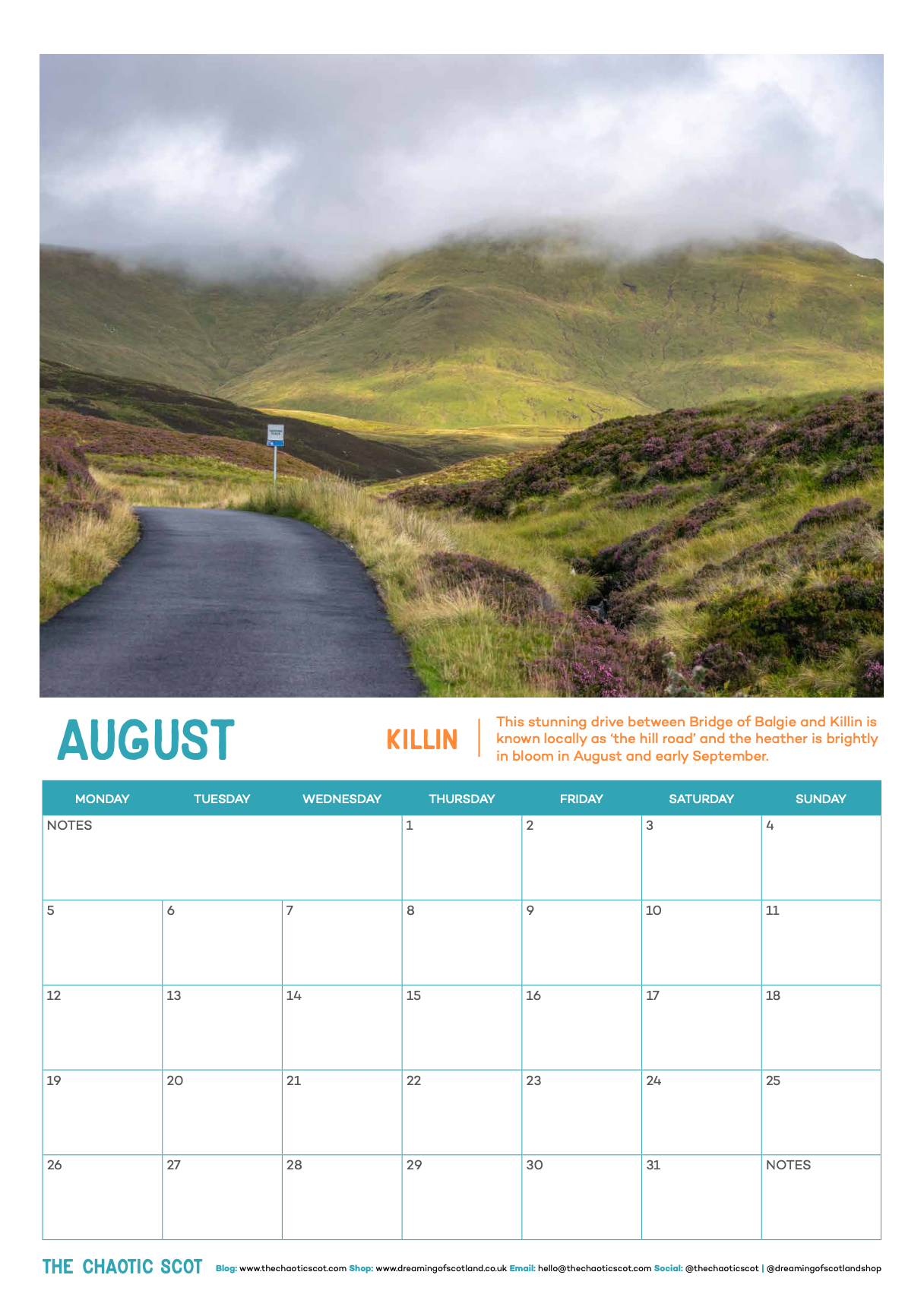 Dreaming of Scotland 2024 Wall Calendar - August - Killina